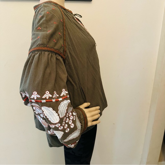 Embroidered Olive Blouse with Floral Accents - Picture 4 of 12